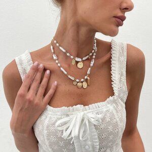 NEW 18K Gold Plated Freshwater Pearl Boho Layered Statement Necklace